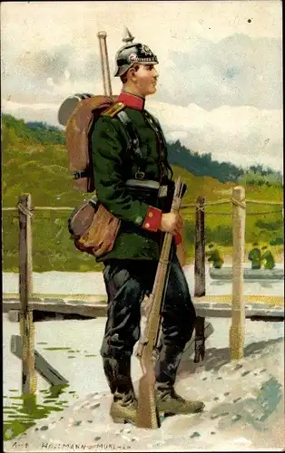 Künstler Litho Hoffmann, A., Deutscher Soldat, Infanterie, Gewehr, Rucksack, Pickelhaube