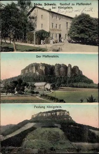 Ak Pfaffendorf Königstein an der Elbe Sächsische Schweiz, Gasthof, Pfaffenstein, Festung Königstein