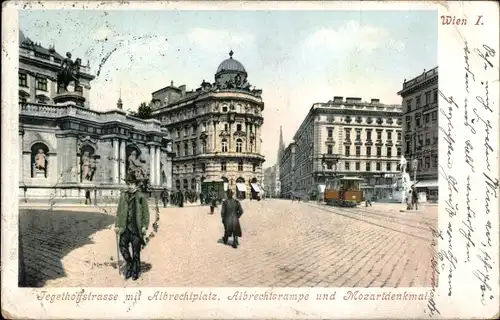 Ak Wien 1 Innere Altstadt, Tegethoffstraße, Albrechtplatz, Albrechtsrampe, Mozart Denkmal