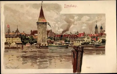 Künstler Litho Lindau am Bodensee Schwaben, Hafenpartie