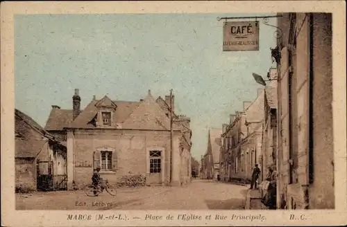 Ak Marcé Maine et Loire, Place de l'Église et Rue Principale, Café