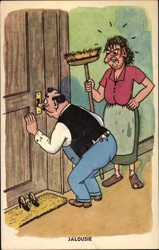 Ak Mann beobachtet eine Frau durch Schlüsselloch, Wütende Ehefrau mit Besen, Jalousie