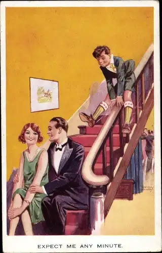 Ak Liebespaar auf der Treppe, Expect me any minute, Junge rutscht Treppen herunter