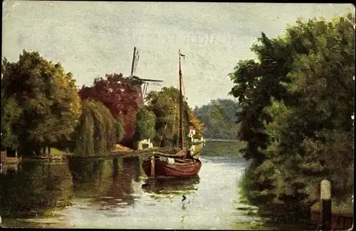 Künstler Ak Gerstenhauer, Johann, Flusspartie, Segelboot, Im Hintergrund Windmühle