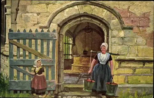Künstler Ak Gerstenhauer, Johann, Junge Frau trägt Eimer mit Wasser, Bauernmädchen