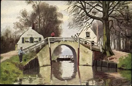 Künstler Ak Gerstenhauer, Johann, Flusspartie, Blick auf die Brücke