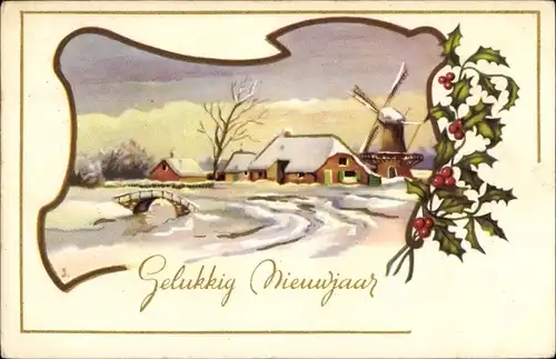 Ak Glückwunsch Neujahr, Winterlandschaft mit Windmühle, Stechpalmenzweig