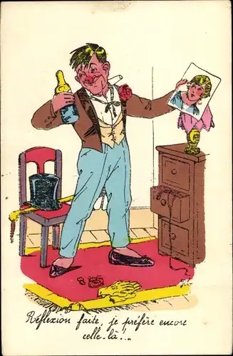 Künstler Ak Betrunkener Mann mit Frauenportrait und Flasche