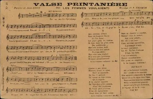 Lied Ak Valse Printaniere von Jean Daris, Musique de A. Gauwin