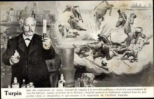 Ak Eugène Turpin, Französischer Chemiker, Labor, Sterbende Soldaten