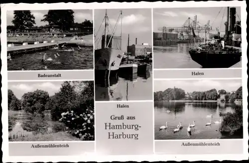 Ak Hamburg Harburg, Hafenansichten, Außenmühlenteich, Badeanstalt, Schwäne