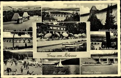 Ak Wamel Möhnesee, Strandhaus Schlüter am See, Möhnetalsperre, Sperrmauer Überlauf, Strandbad