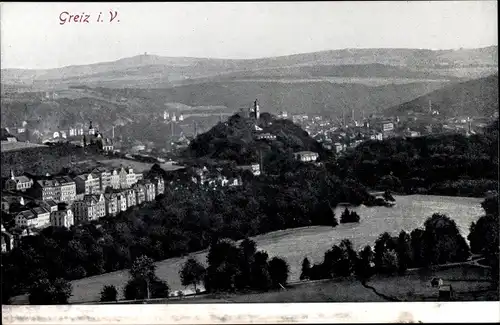 Ak Greiz in Thüringen, Panoramablick auf Ort und Umgebung, Fluss mit Burg