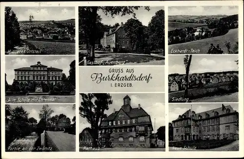 Ak Burkhardtsdorf im Erzgebirge Sachsen, Gasthof Auenberg, Schule, Rathaus, Siedlung, Teich, Zwönitz