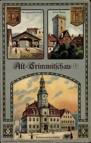 Wappen Litho Crimmitschau in Sachsen, Roter Turm, gedeckte Brücke, Rathaus