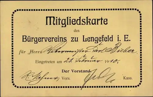 Ak Lengefeld im Erzgebirge Sachsen, Mitgliedskarte, Bürgerverein, 1910