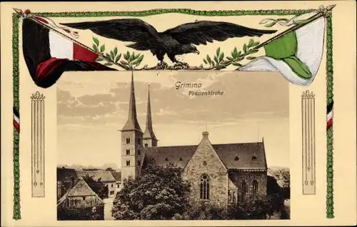 Passepartout Ak Grimma in Sachsen, Frauenkirche, Totalansicht, Fahnen, Greifvogel