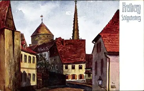 Künstler Ak Freiberg im Kreis Mittelsachsen, Schippchenberg, Donatsturm, Kornblumentag 1913