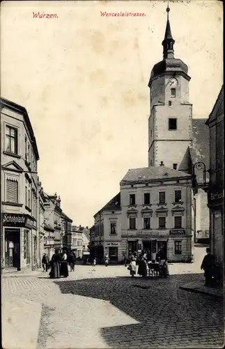 Ak Wurzen in Sachsen, Wenceslaistraße, Straßenpartie, Schokoladengeschäft, Kirche