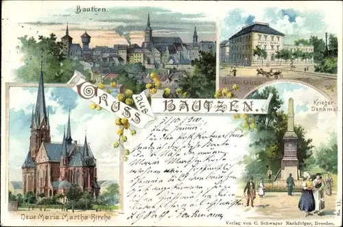 Litho Bautzen Sachsen, Kriegerdenkmal, Hotel Gude, Maria Martha Kirche