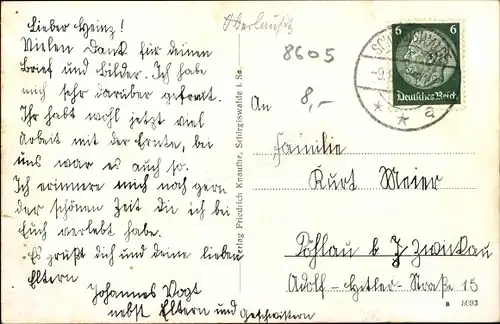 Ak Schirgiswalde Kirschau in der Lausitz, Wegweiser, Totalansicht der Ortschaft