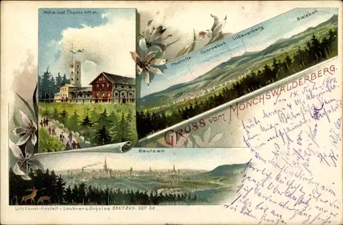 Litho Wilthen in Sachsen, Mönchswalder Berg, Panorama, Aussichtsturm, Stadtansicht Bautzen