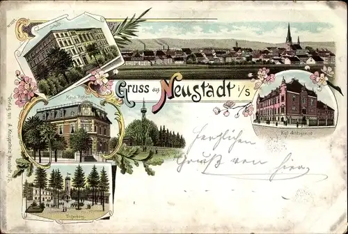 Litho Neustadt in Sachsen, Amtsgericht, Schule, Postamt, Totalansicht