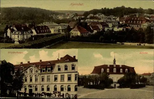 Ak Herrnhut in Sachsen, Totalansicht, Brüderhaus, Kirche