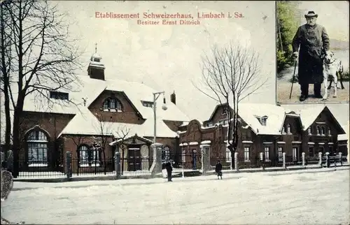 Ak Limbach Oberfrohna Sachsen, Etablissement Schweizerhaus, Ernst Dittrich, Portrait mit Hund