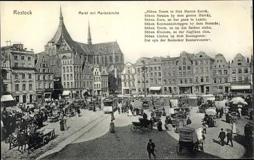 Ak Hansestadt Rostock, Markt mit Marienkirche, Gedicht Söben Toern