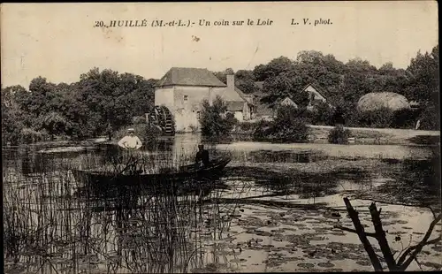 Ak Huillé Maine et Loire, Un coin sur le Loir, Ruderpartie, Wassermühle