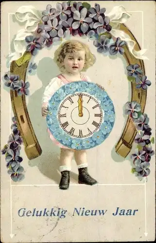 Litho Glückwunsch Neujahr, Kind mit Uhr, Hufeisen, Veilchen