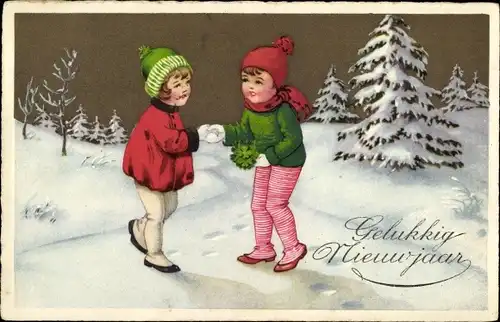 Ak Glückwunsch Neujahr, Junge und Mädchen mit Kleeblättern, Winterlandschaft