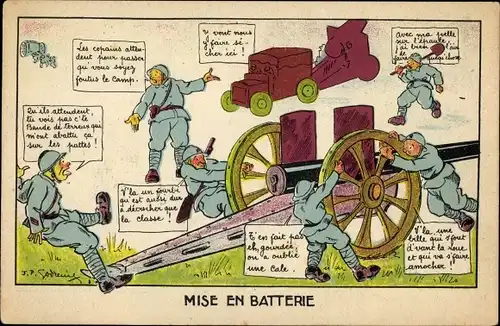 Künstler Ak Mise en Batterie, Französisches Geschütz, Soldatenhumor