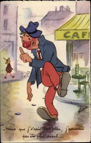 Künstler Ak Betrunkener Mann vor einem Cafe