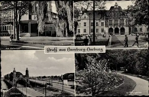 Ak Hamburg Harburg, Hallenbad, Rathaus, Elbbrücke, Schulgarten