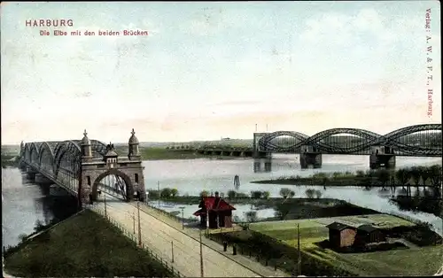 Ak Hamburg Harburg, Blick auf die Elbe mit den beiden Brücken