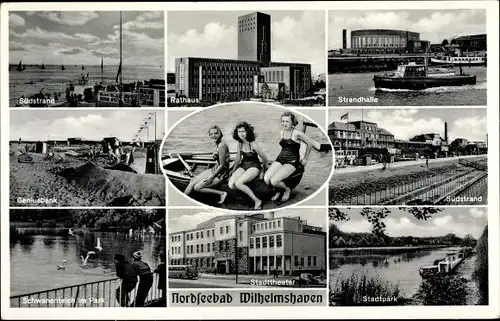 Ak Wilhelmshaven in Niedersachsen, Südstrand, Geniusbank, Rathaus, Strandhalle, Stadtpark