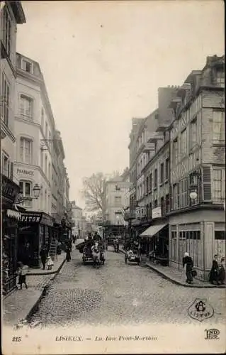 Ak Lisieux Calvados, La Rue Pont Mortain, Pharmacie