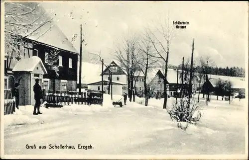 Ak Schellerhau Altenberg im Erzgebirge, Schülerheim Meißen, Ortschaft im Winter
