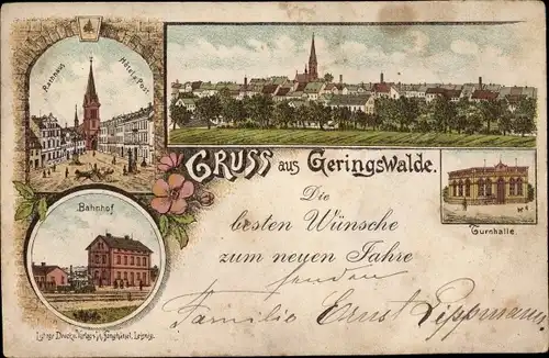 Litho Geringswalde Sachsen, Totale, Bahnhof, Turnhalle