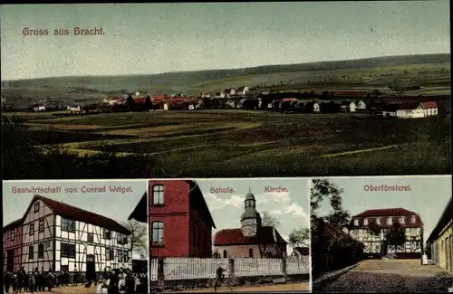 Ak Bracht Rauschenberg im Kreis Marburg, Panorama, Kirche, Schule, Oberförsterei, Gasthof
