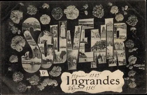 Buchstaben Ak Ingrandes Maine-et-Loire, Denkmal, Brücke, Kirche, Inneres, Volkstracht, Blumen