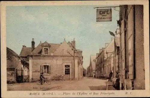 Ak Marcé Maine et Loire, Place de l'Église et Rue Principale, Café