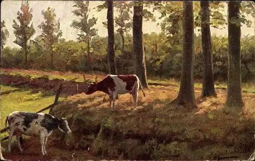 Künstler Ak Gerstenhauer, Johann, Kühe auf der Heide, Bäume