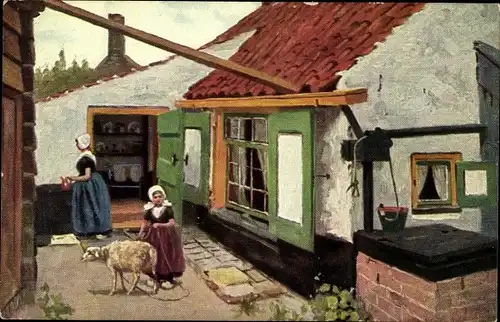 Künstler Ak Gerstenhauer, Johann, Einfamilienhaus, Bauernmädchen, Schaf