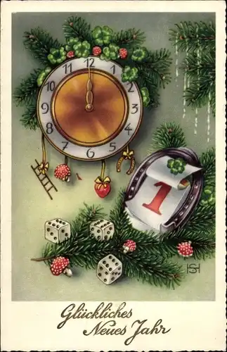 Ak Glückwunsch Neujahr, Uhr, Kalender, Hufeisen, Würfel, Klee, Pilze