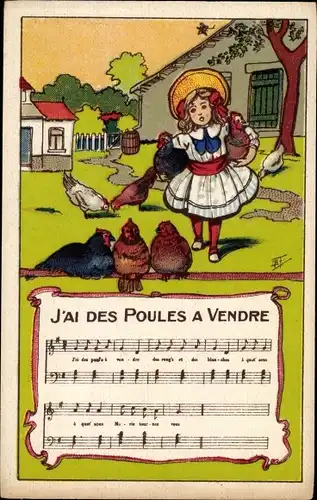 Lied Ak J'ai des Poules a Vendre, Mädchen am Bauernhof, Hühner