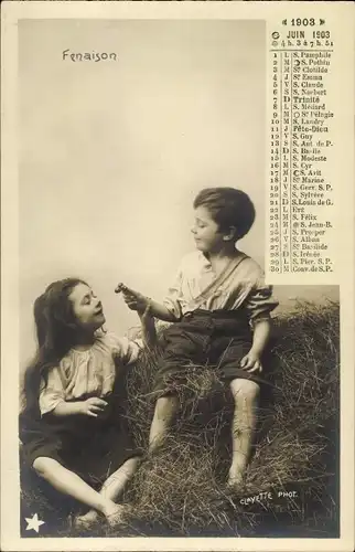 Ak Fenaison, Allegorie, Frühling, Junge und Mädchen, Juin 1903