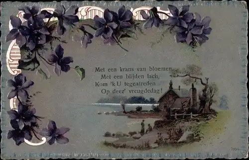 Litho Met een krans van bloemen, Veilchen, Landschaft